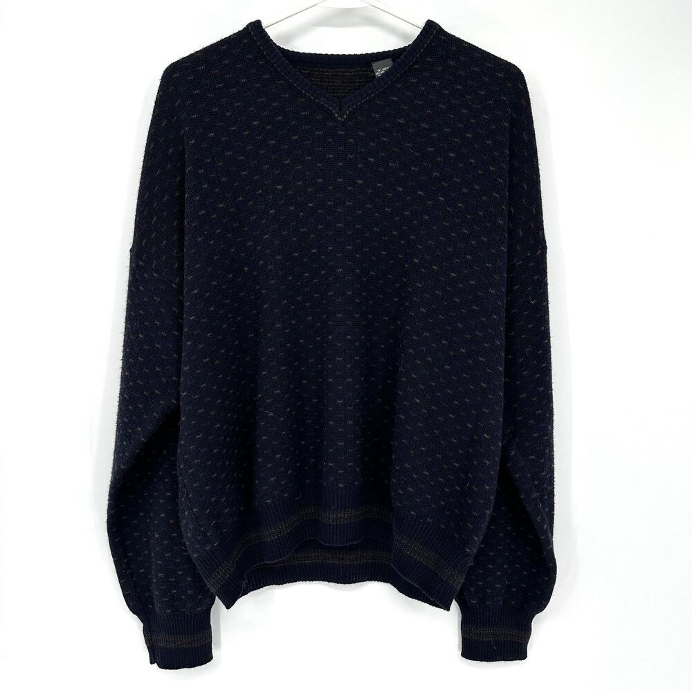 Mens M Navy Blue Geometric V Neck Merino Wool Blend Sweater Knit Pullover Italy